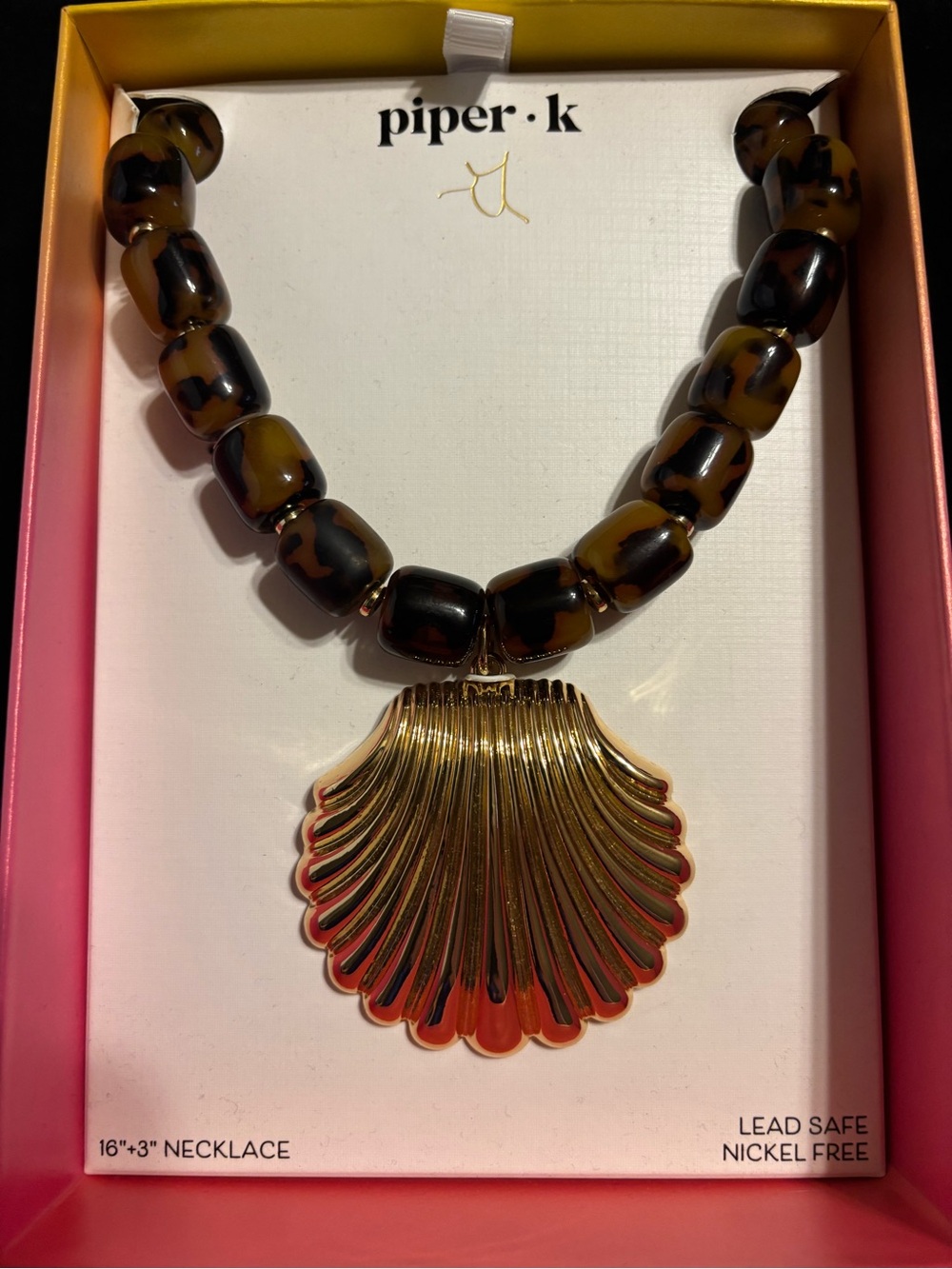 Piper K Coastal Amber Tortoiseshell Bead Necklace Gold Shell Pendant NEW